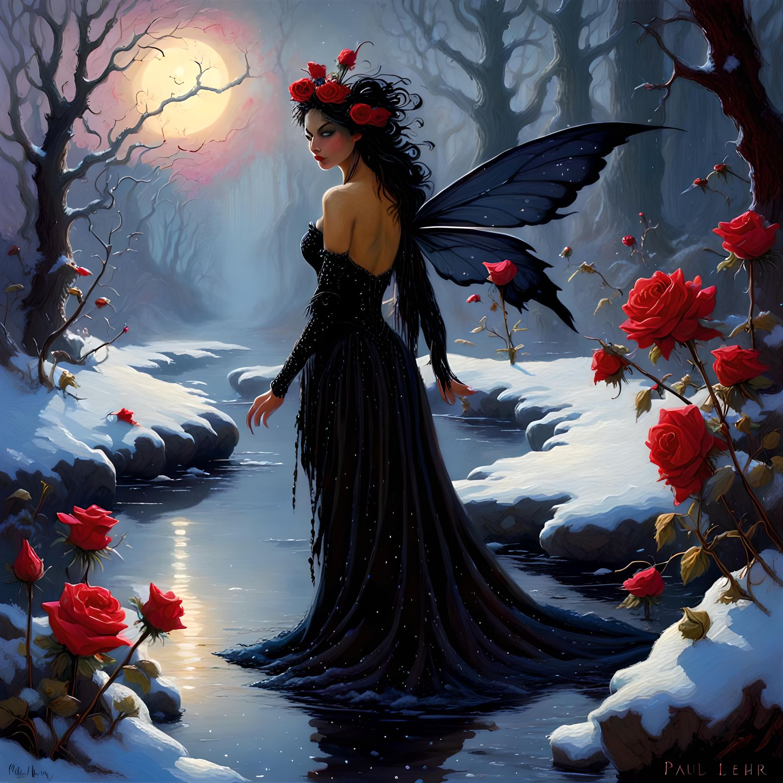 Beautiful dark fairy, stream, snow, moonlight, roses, by pau...