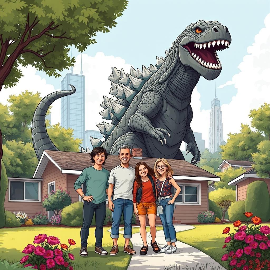 Happy Family with Godzilla in Saturday Morning Style