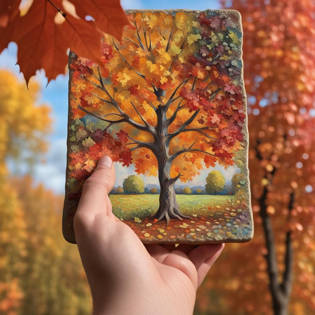 Hand Holding Palette with Autumn Impressionist Painting