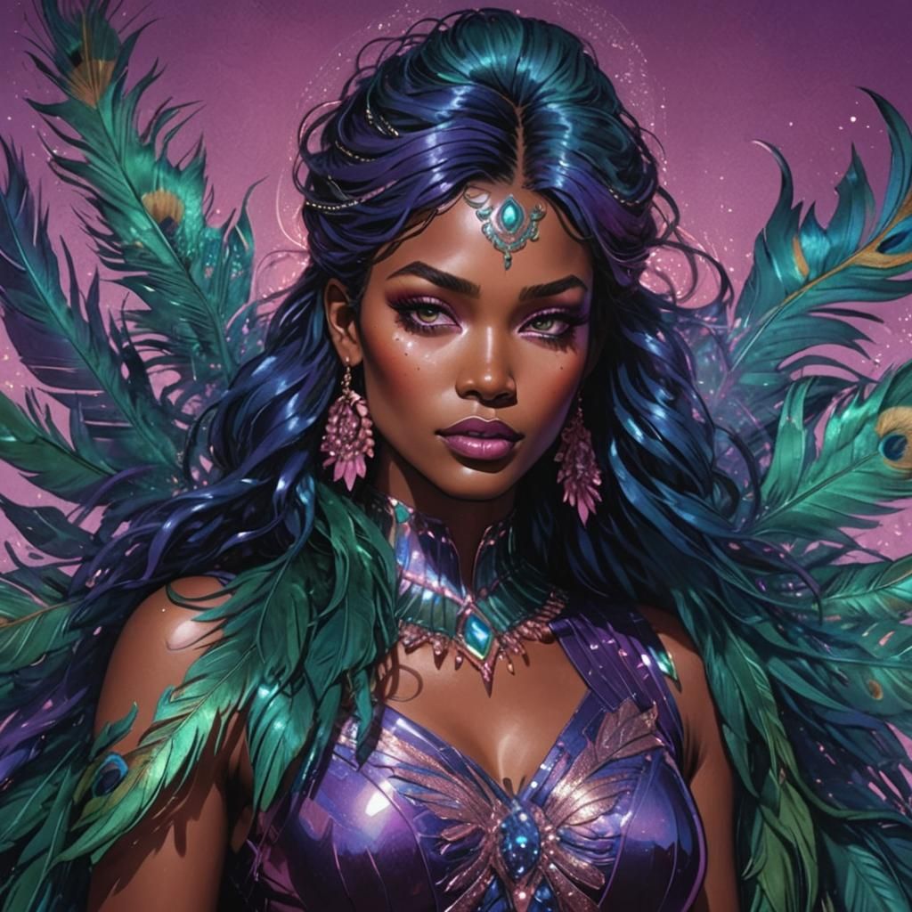 Woman with Peacock Feathers, Vibrant Comic Book Art