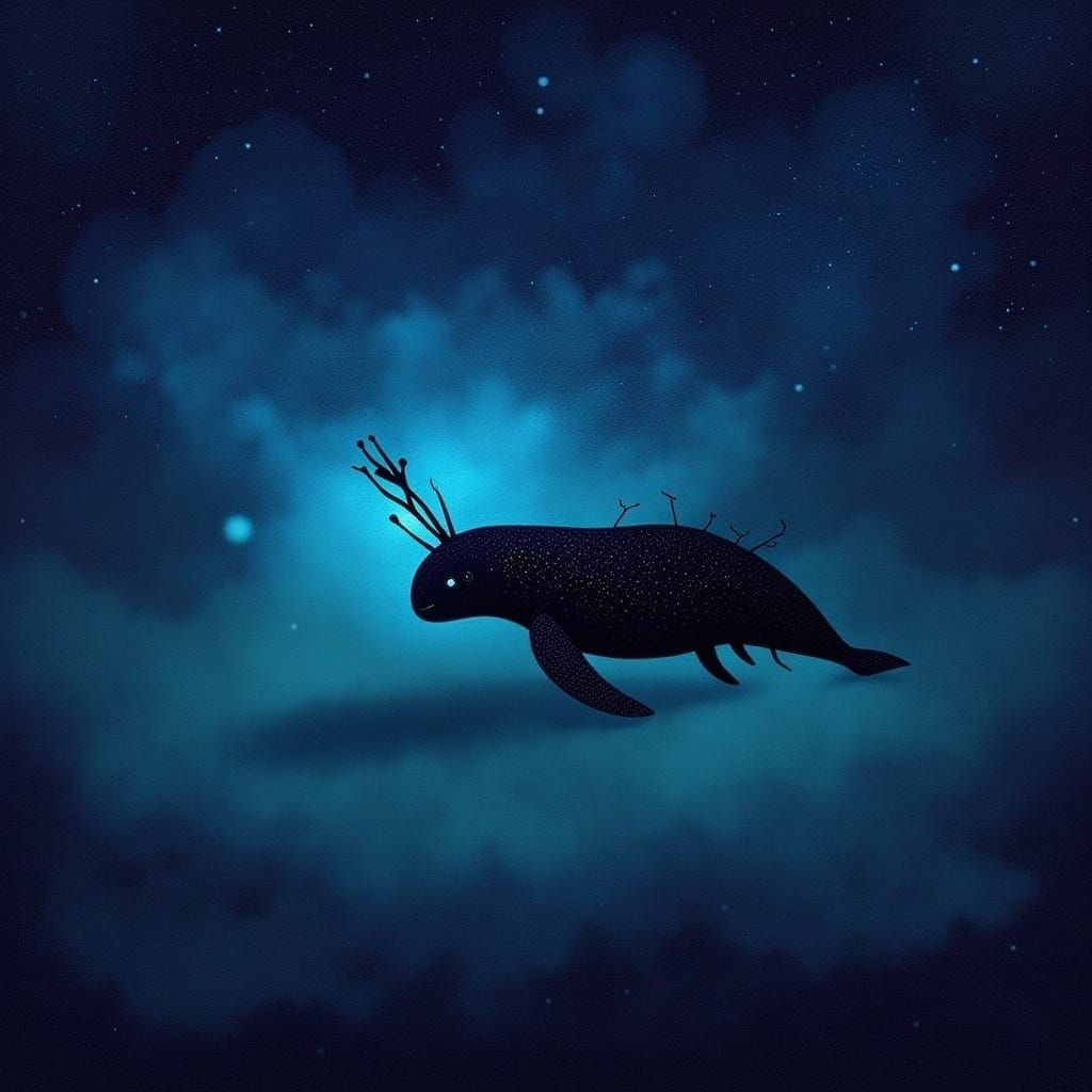 Bioluminescent Whale Drifting Through Shimmering Nebula