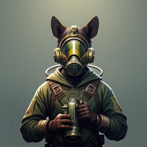 A cattle dog wearing a brass and silver gas mask