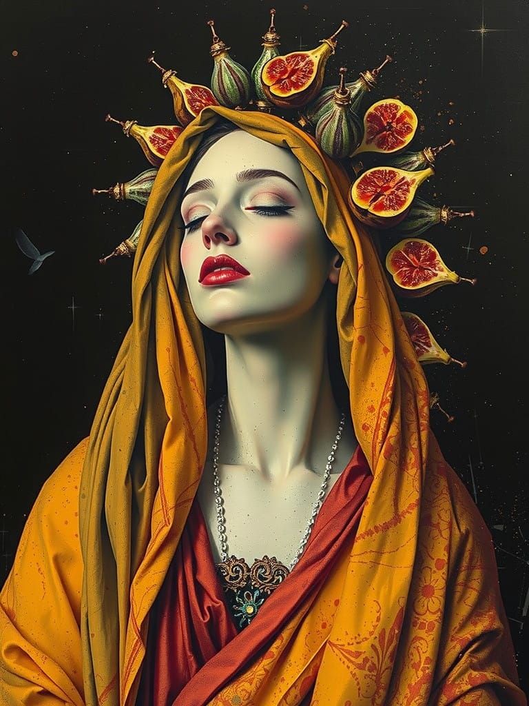 Surreal Goddess in Crimson and Yellow-Green Haze