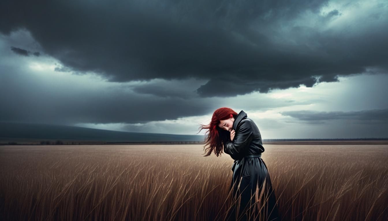 Traumatized Woman in Desolate Landscape