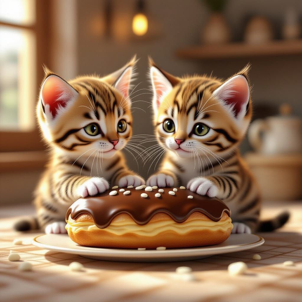 Bengal Kittens Enjoy Chocolate Eclairs in 3D Anime Style