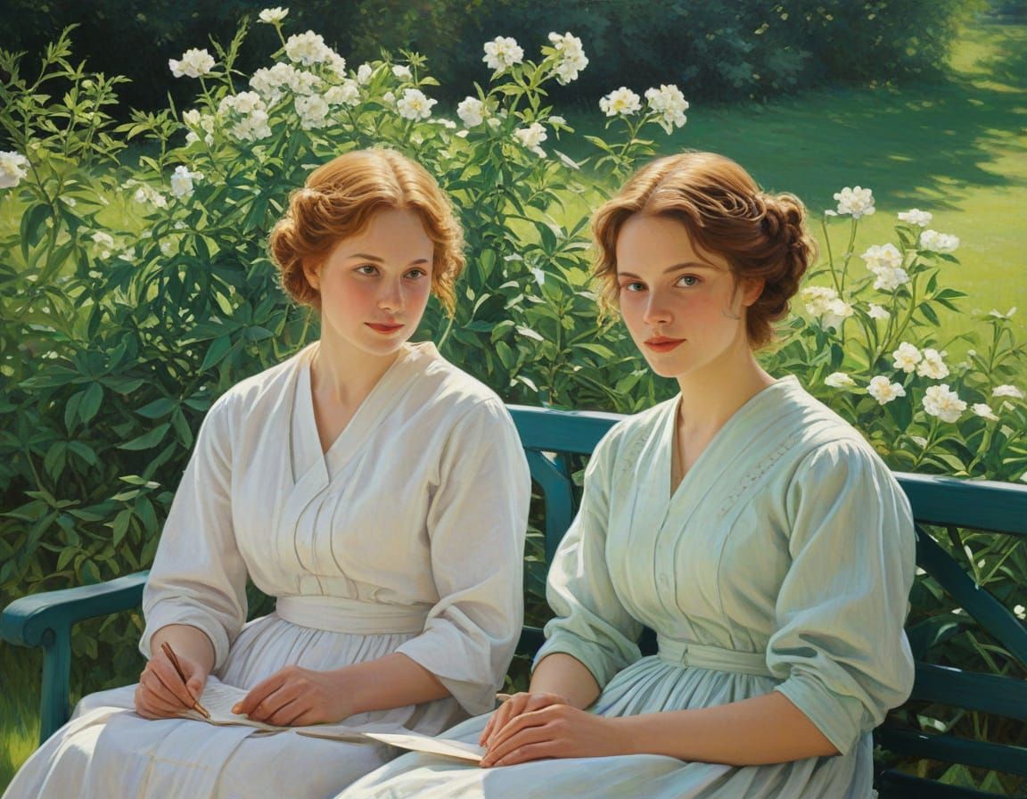 Fauvist Oil Painting of Two Women Embracing in a Vibrant Gar...