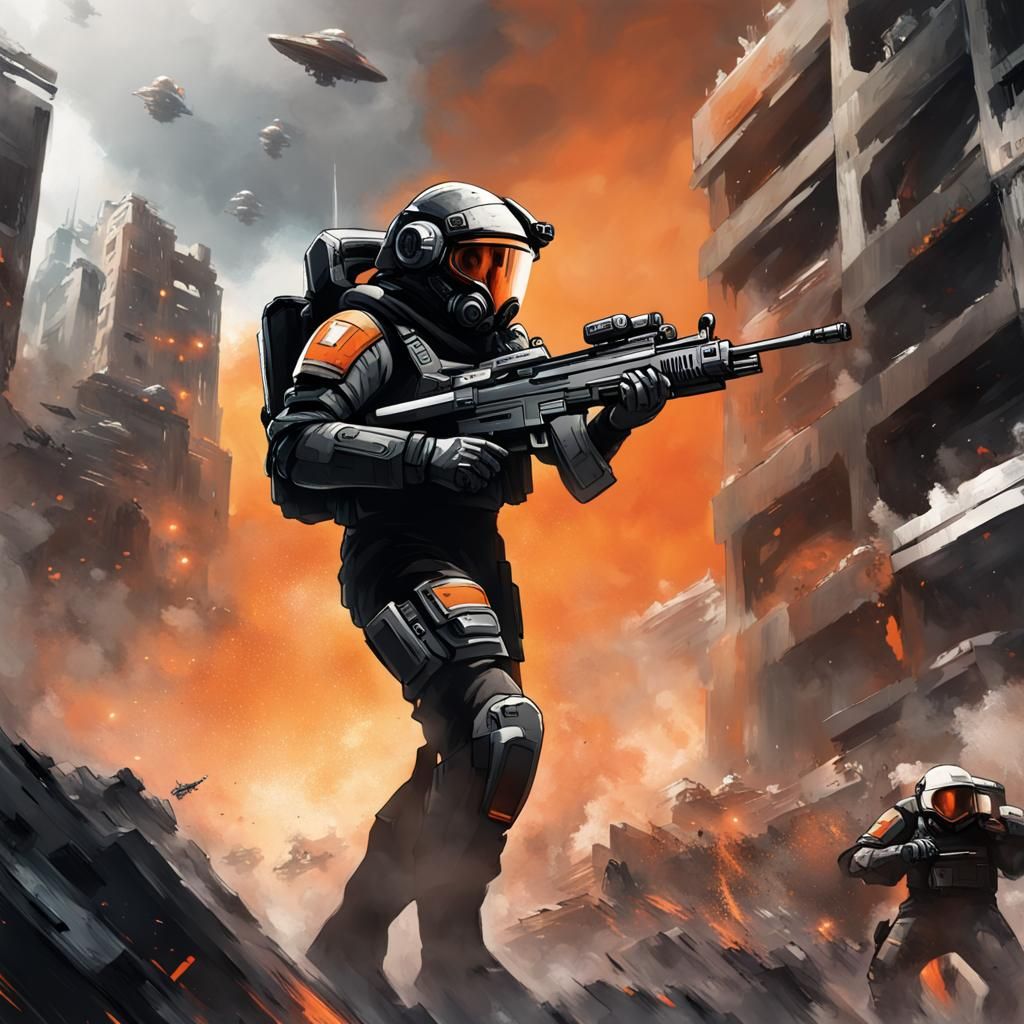 Futuristic Soldier Breaching Building in Sci-Fi Warscape