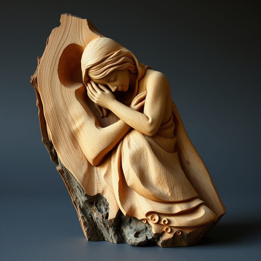 Abstract Wooden Statue Expressing Longing and Loss