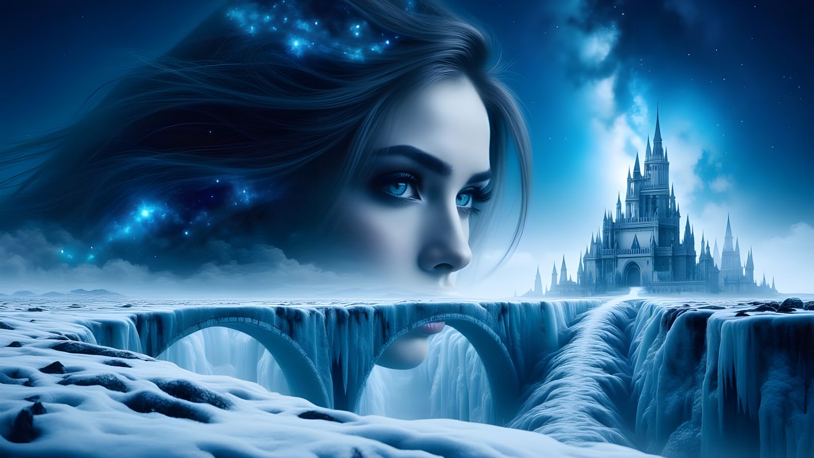 Ethereal Ice Queen and Majestic Castle in Double Exposure