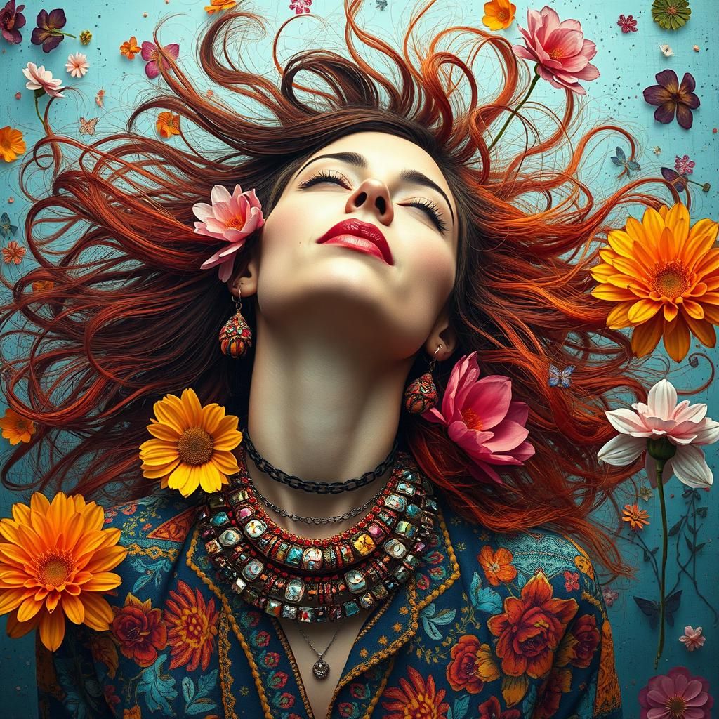 Bohemian Woman in Floral Ecstasy, Surrealist Style
