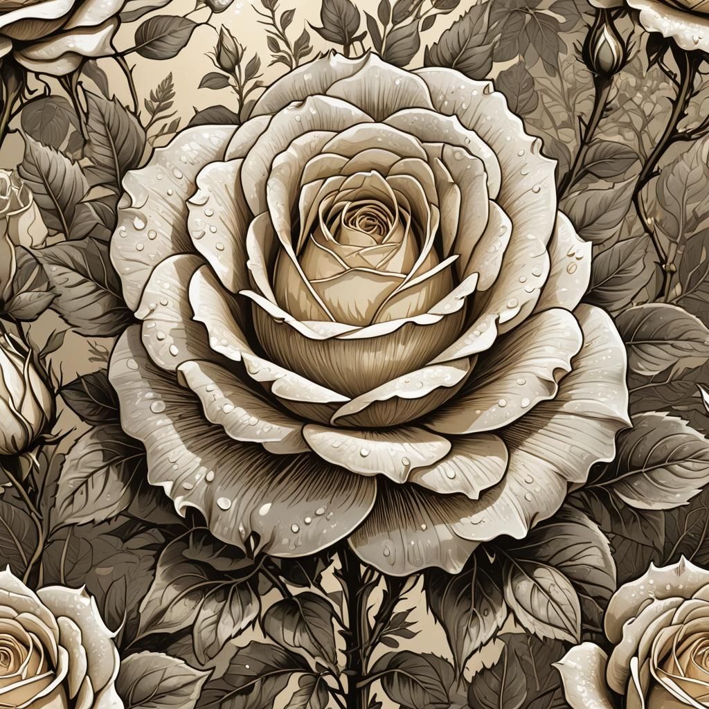 Ornate Woodcut of a White Rose in Meadow