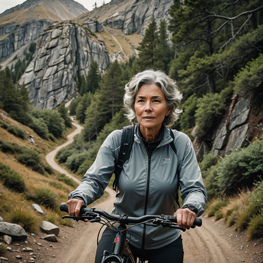 50-Year-Old Woman Ready to Ride: Cinematic Film Still