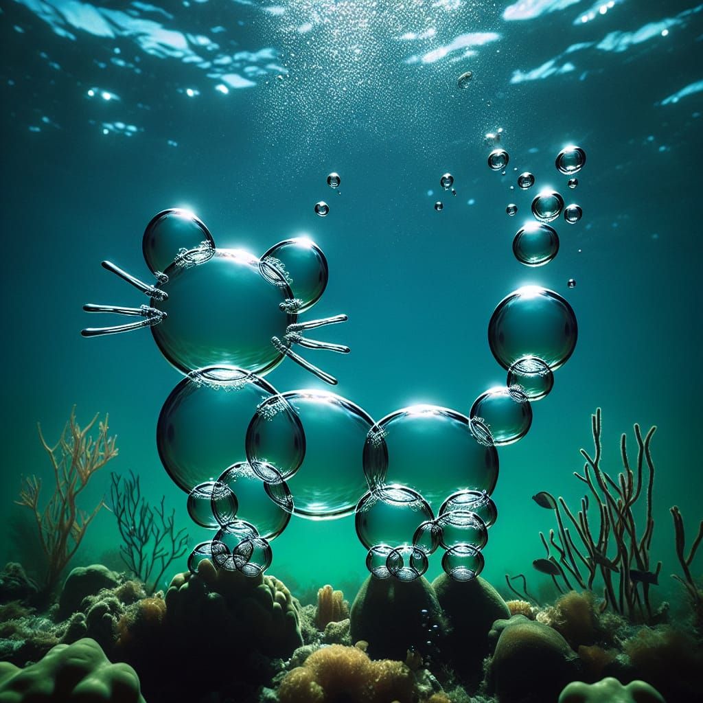 Whimsical Underwater Kitten Forms from Bubbles in a Vibrant....