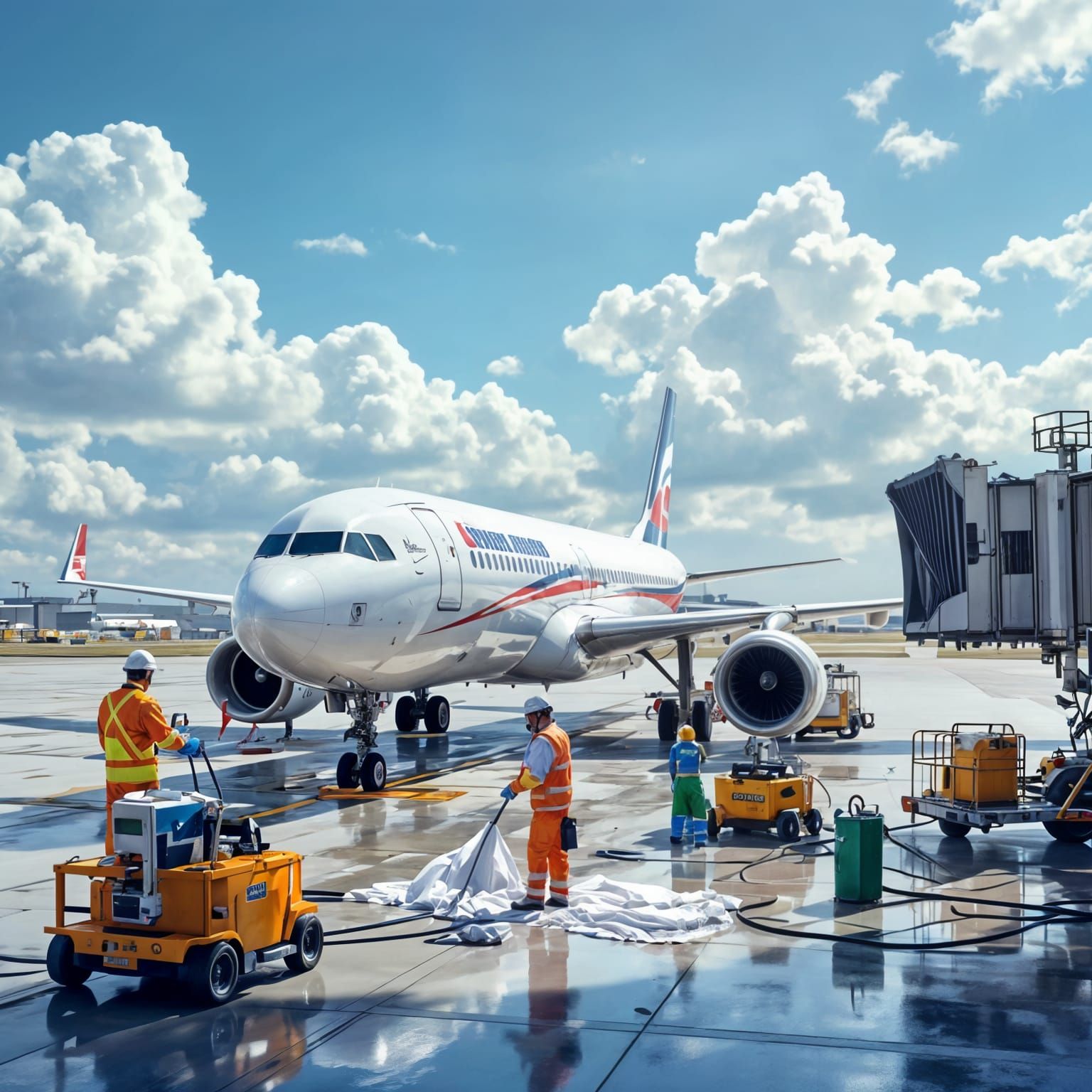 Aircraft Cleaning Service in Progress: Photorealistic Image