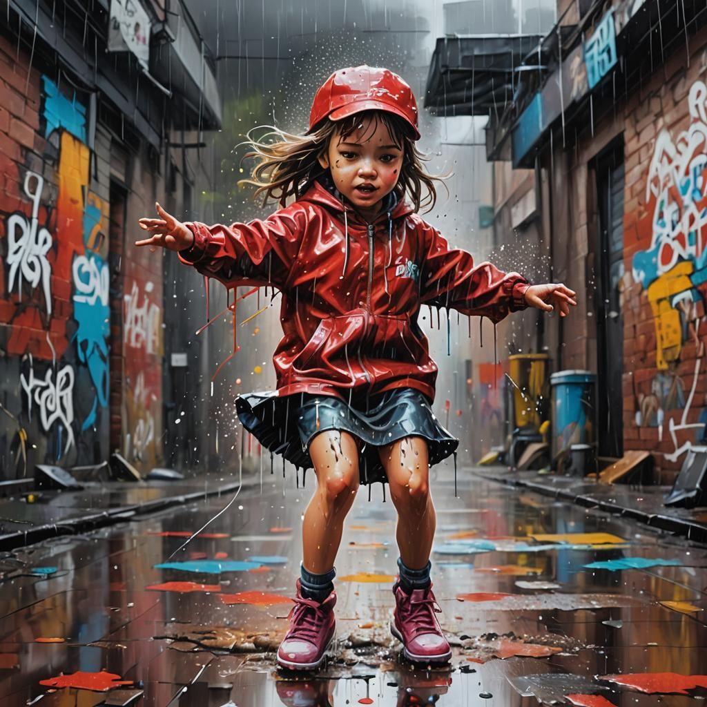 Girl Dancing in Red Rain: Graffiti Street Art