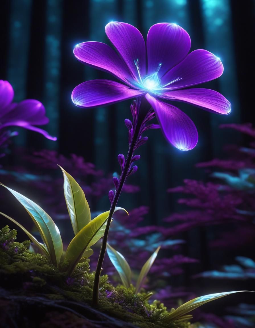 Bioluminescent Purple Flower in Sci-Fi Forest