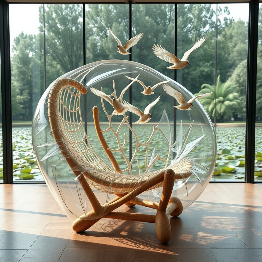Ethereal Inflatable Armchair in a Glass-Walled Oasis