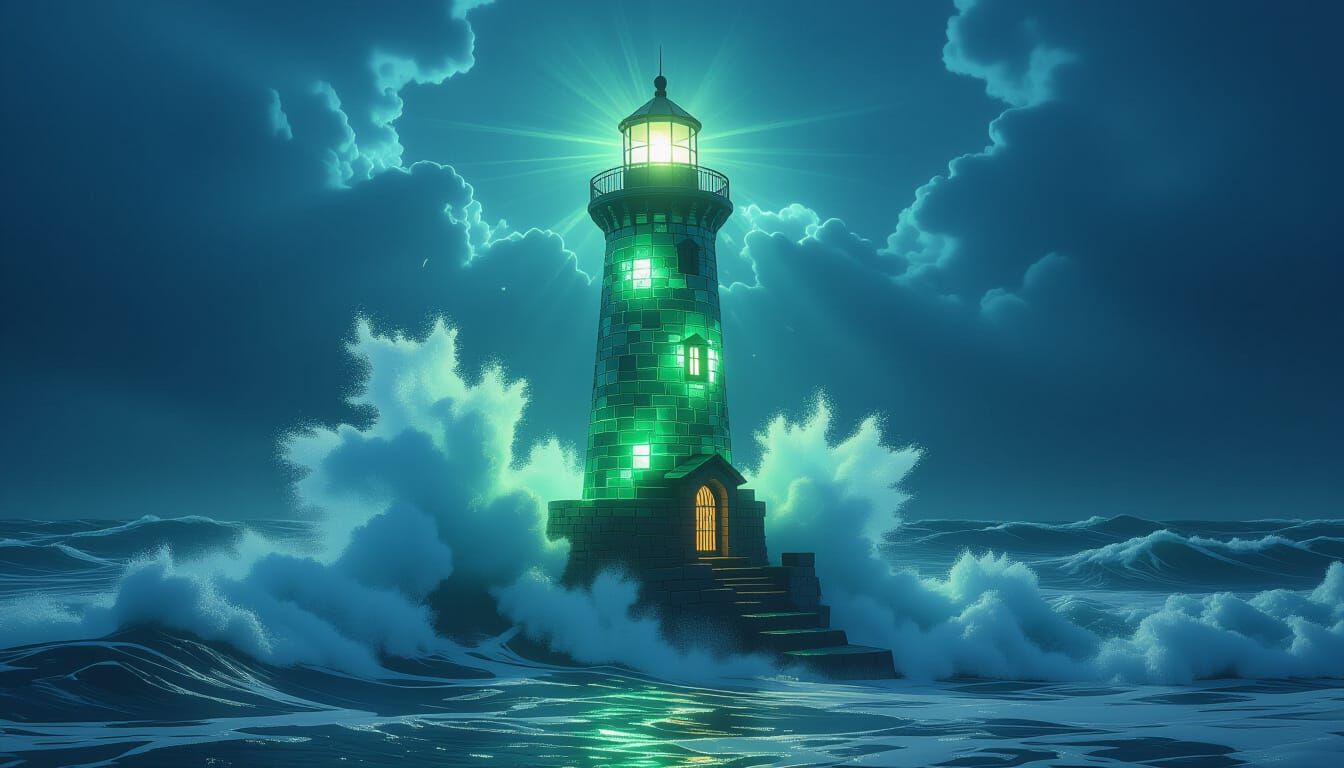 Emerald Cobalt Sea Glass Lighthouse in Stormy Seas