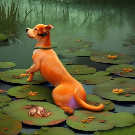 Puppy on Lily Pad: Hyperdetailed Concept Art