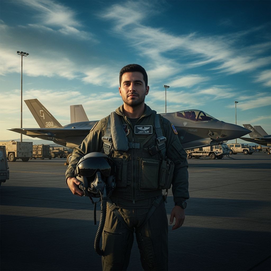 F-35 Fighter Pilot in Flight Attire at Sunset