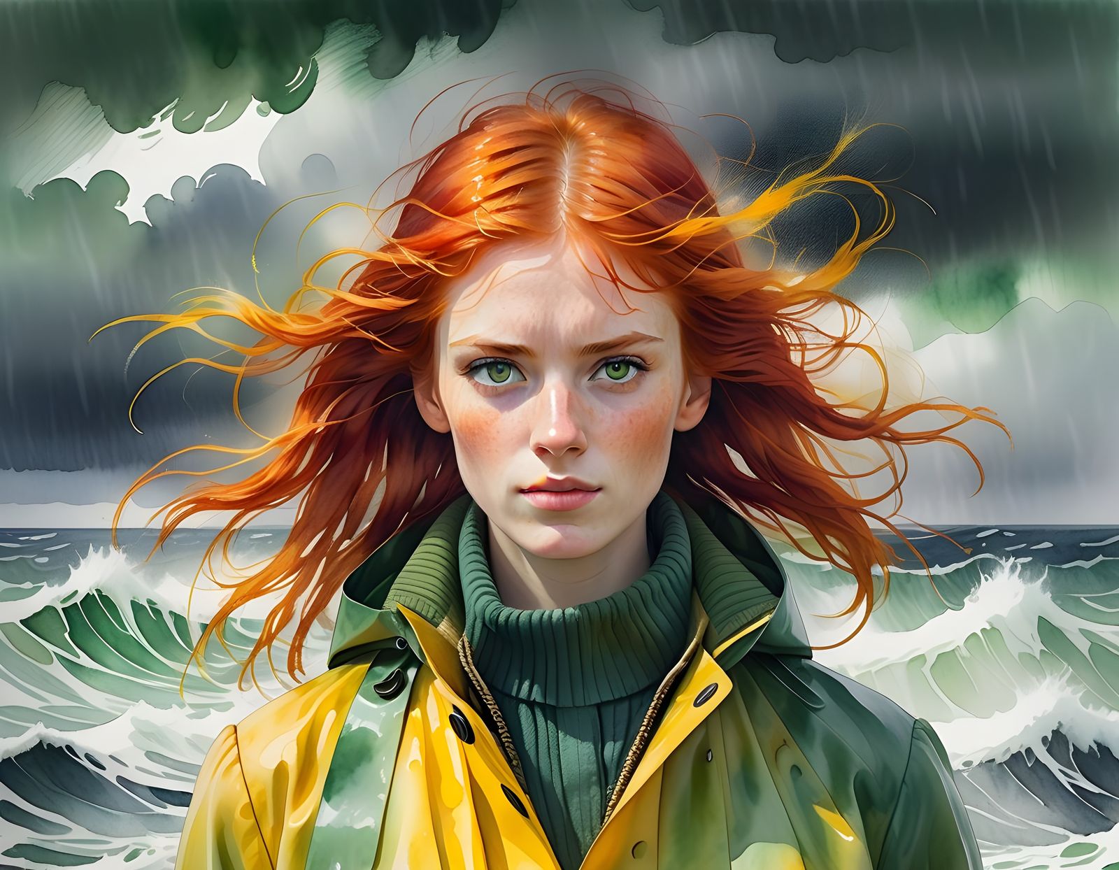 Watercolor Portrait of a Breton Woman in Storm