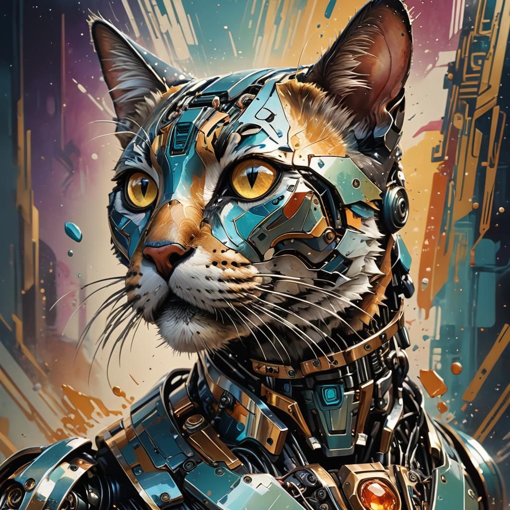 Art Deco Robot Cat: Hyperrealistic Concept Art
