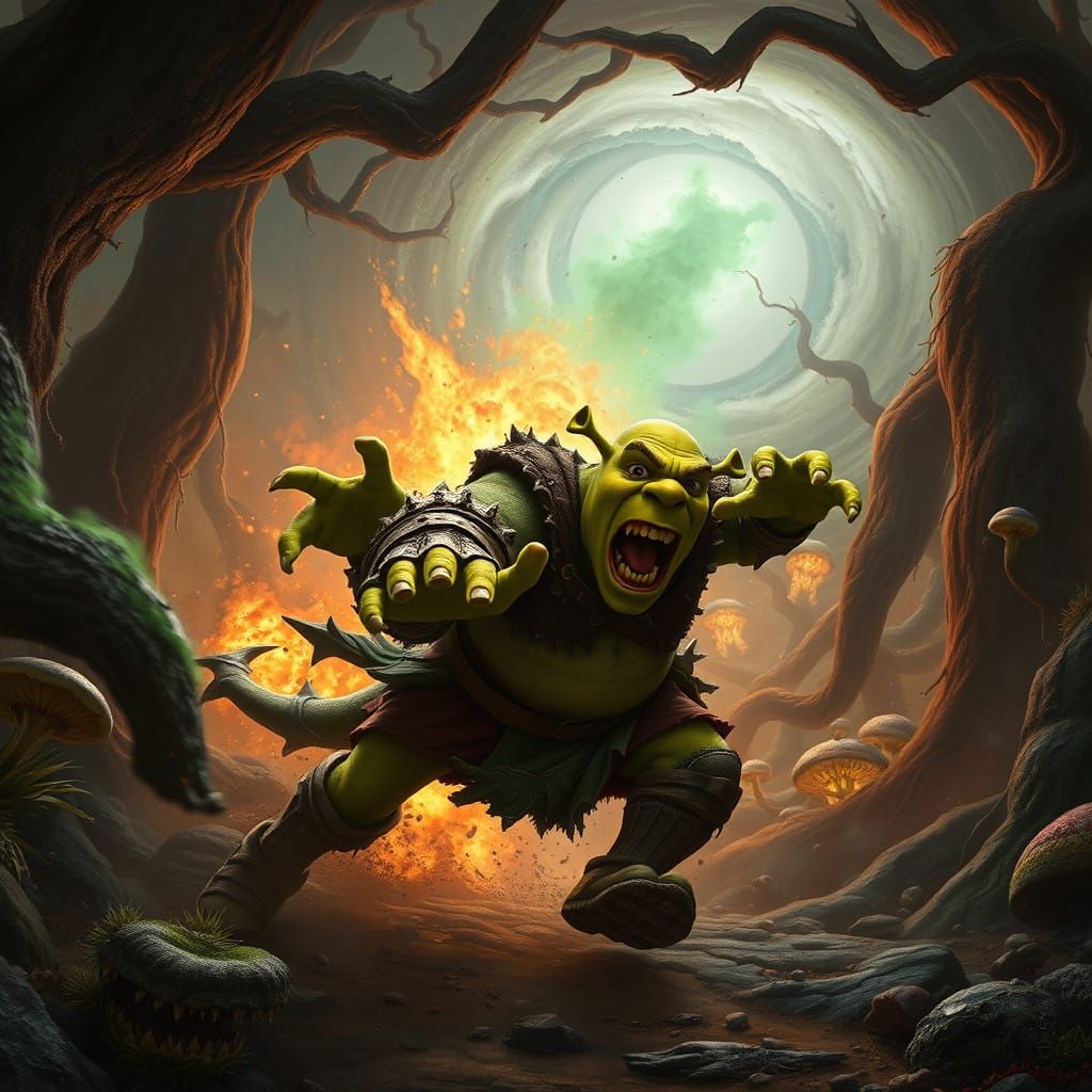 Muddy Ogre Leads Fantasy Charge in Dark Brown Forest