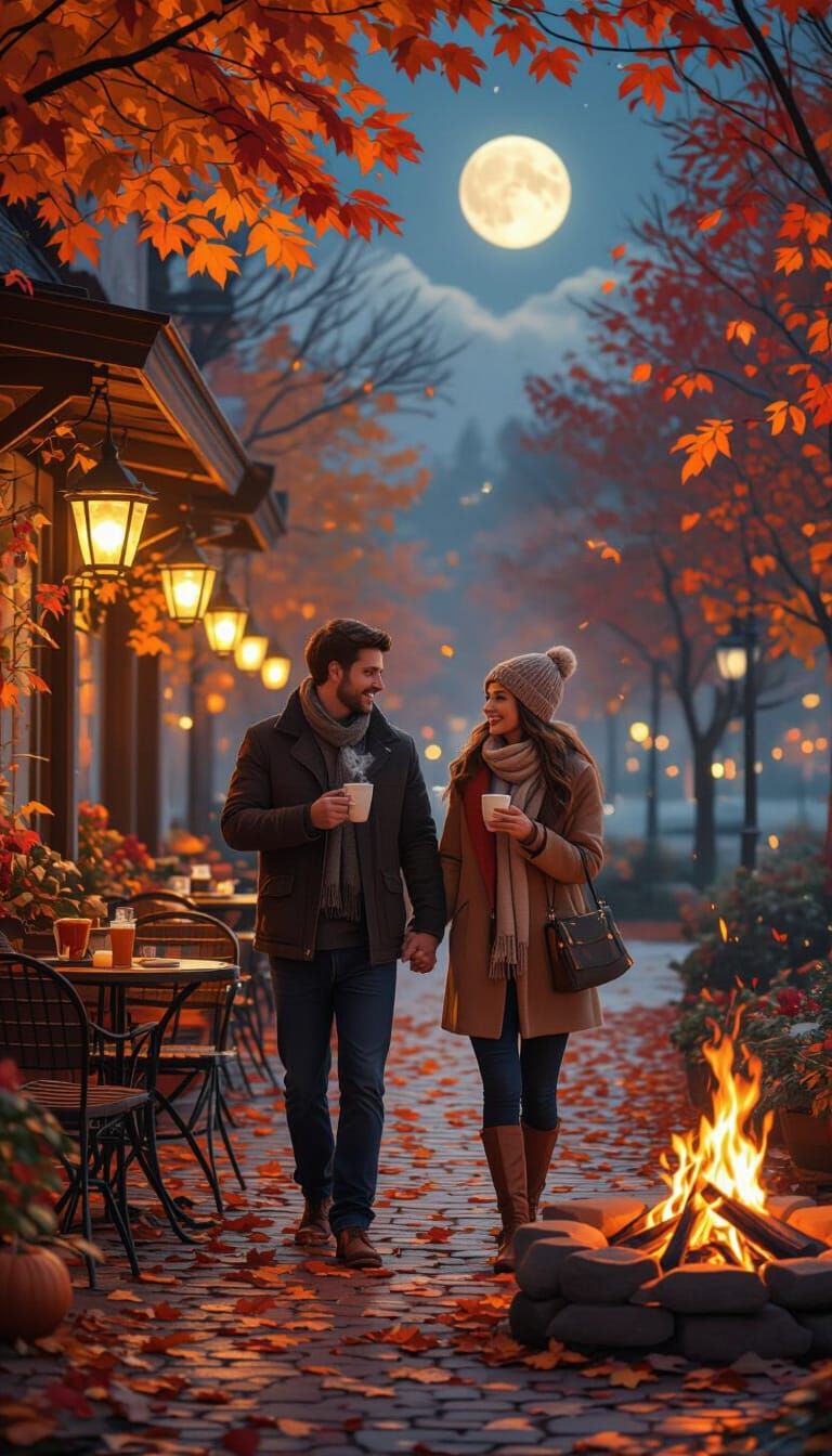 Romantic Autumn Evening Stroll Under the Stars