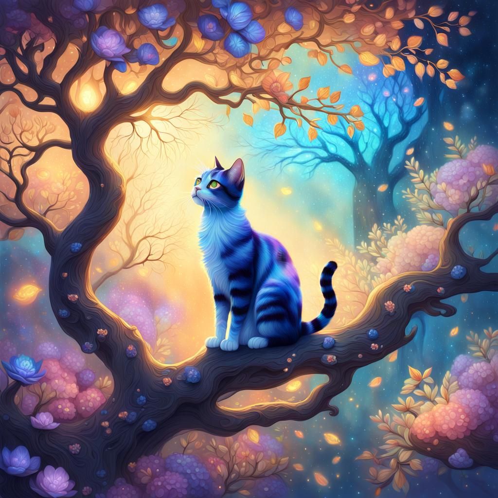 Mystical Cat on Glowing Branch: Fantasy Concept Art