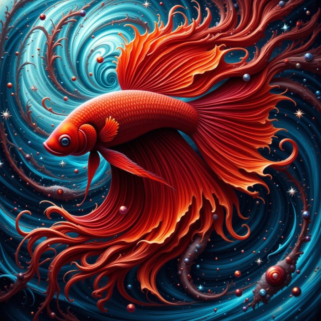 Vibrant Red Betta Fish Amidst Sound Waves and Swirls