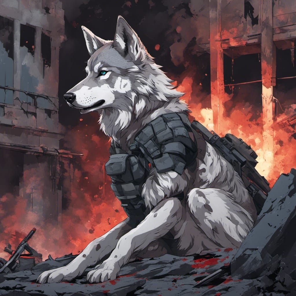 Anime Wolf Warrior in War-Torn Cityscape