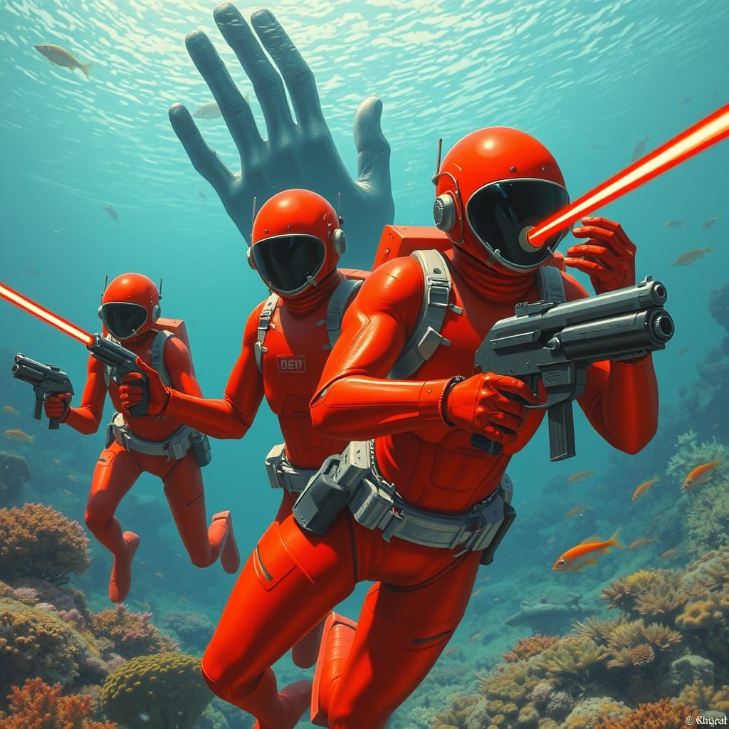 Red Robots Explore Underwater World