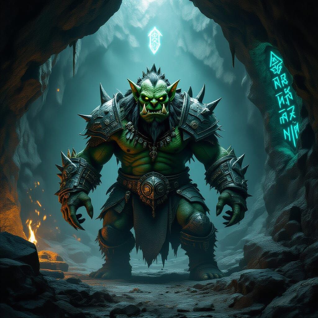 Ancient Goblin King in Obsidian Armor Surveys Dark Cavern