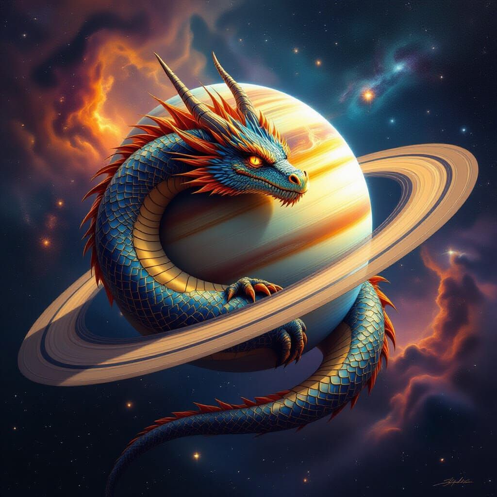 Cosmic Dragon Guarding Saturn in Hyperrealistic Style