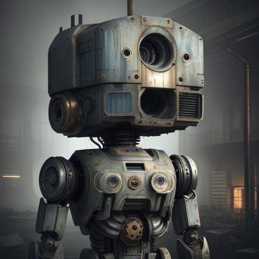 Abandoned Factory Robot in Moody Chiaroscuro Lighting