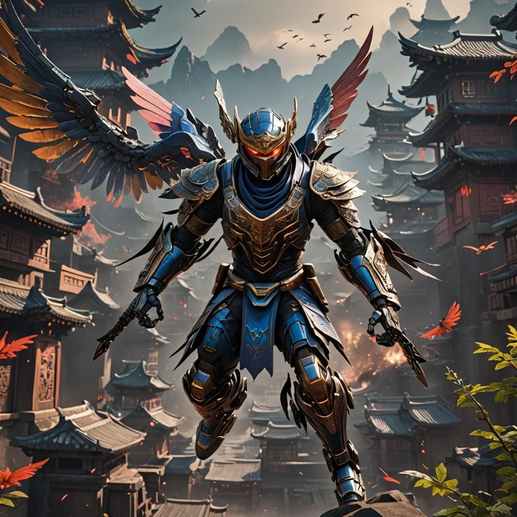 Winged Ninja Robot Warrior: Detailed Matte Painting