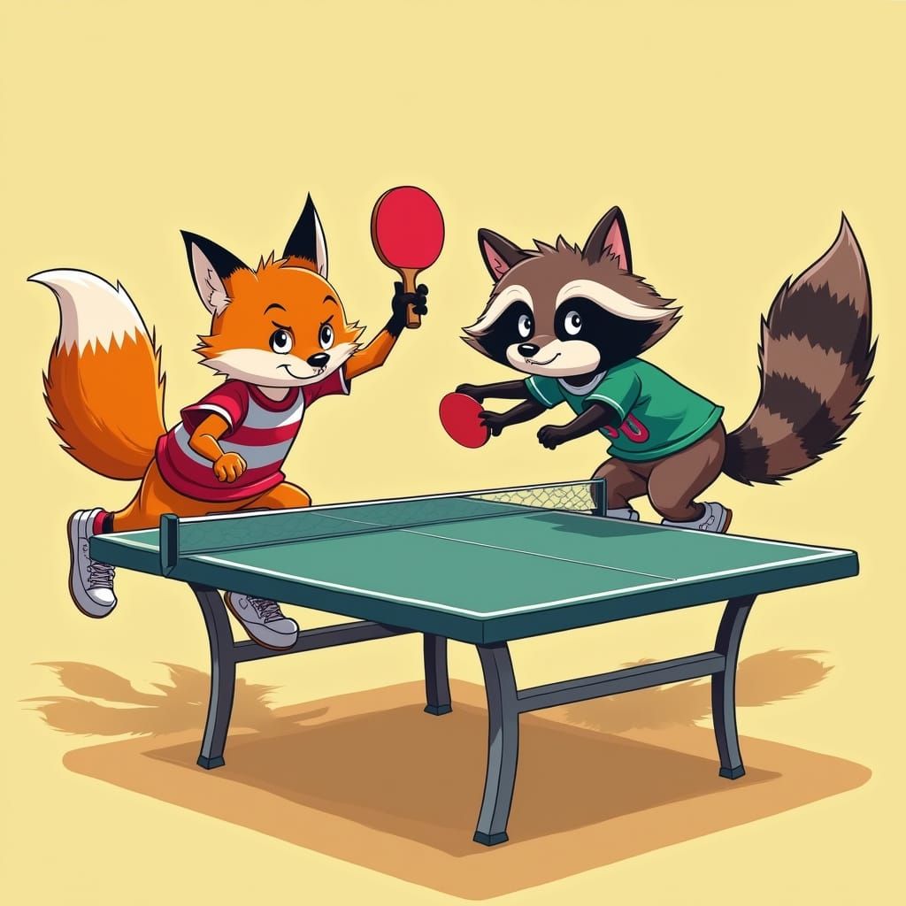 Fox and Raccoon Play Table Tennis in Cartoon Style