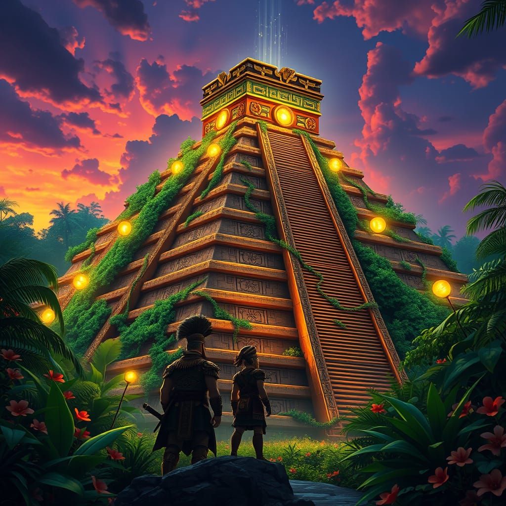 Majestic Aztec Pyramid in Vibrant Jungle Landscape