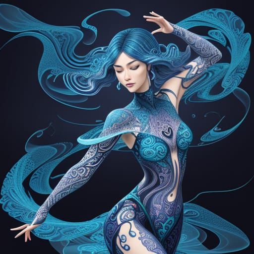 Abstract Fractal Woman Dancing in Vivid Blues and Purples