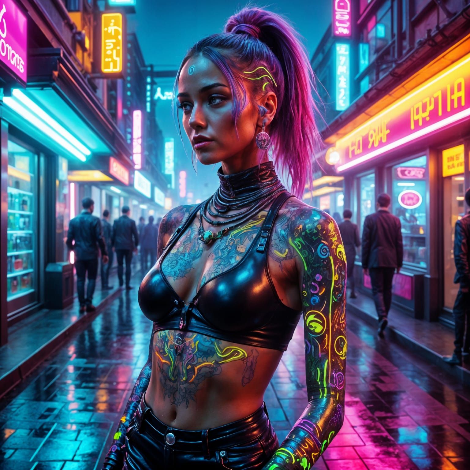 Cyberpunk Woman with Neon Tattoos in Rain