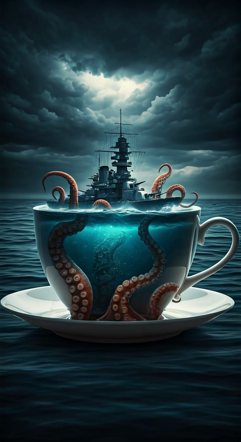 Giant Octopus Attacks Battleship in Surreal Biomechanical Ar...