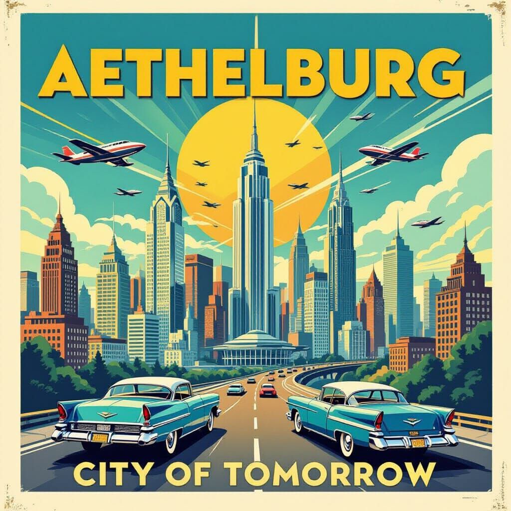 1950s Travel Poster for Aethelburg, City of Tomorrow