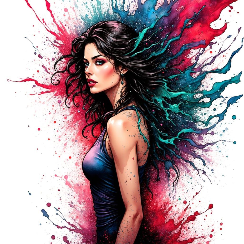 Woman Amidst Ink Explosion in Graphic Illustration Style