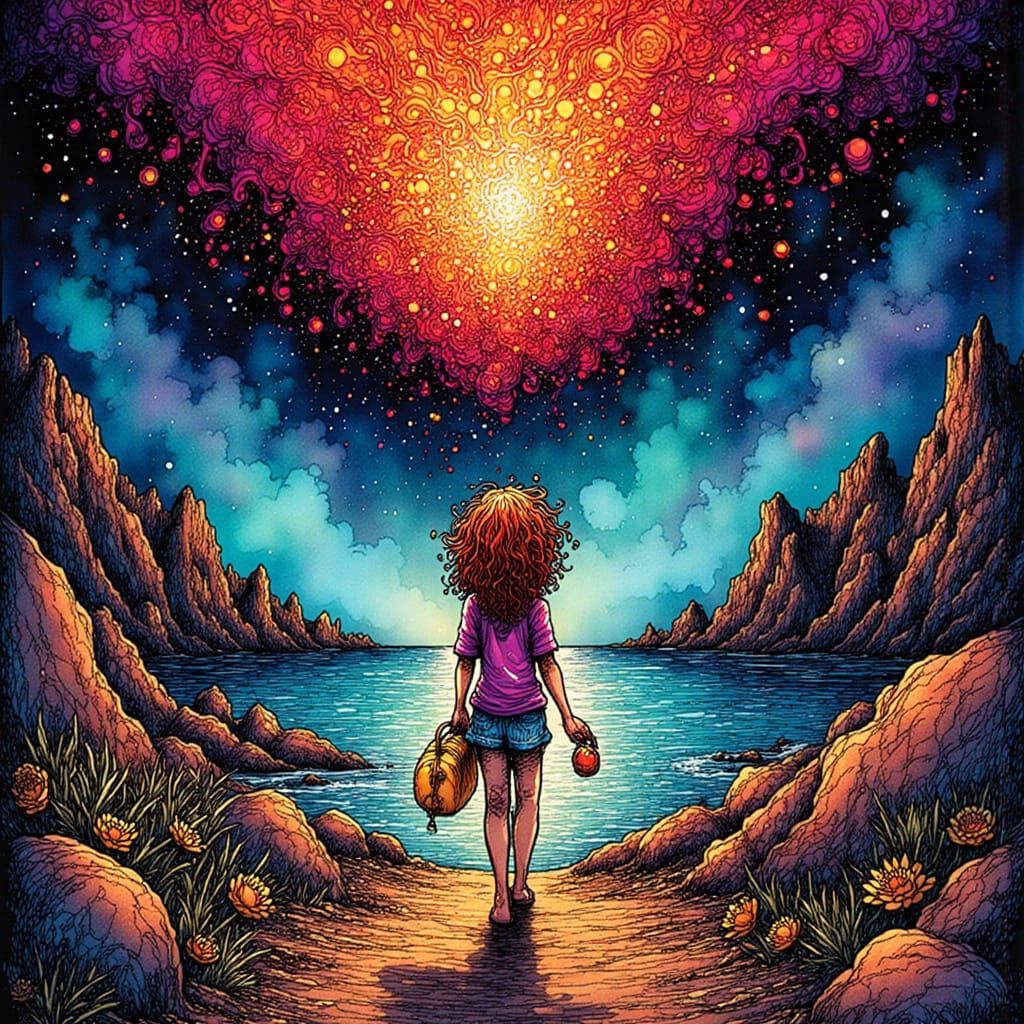 Girl Drops Glowing Bomb on Surreal Landscape in Ink Style