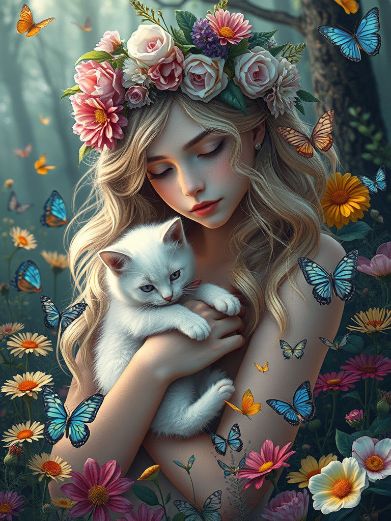 Ethereal Woman with Kitten in Fantasy Forest