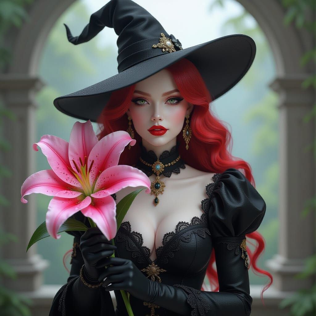 Femme Fatale with Red Hair and Pink Lily