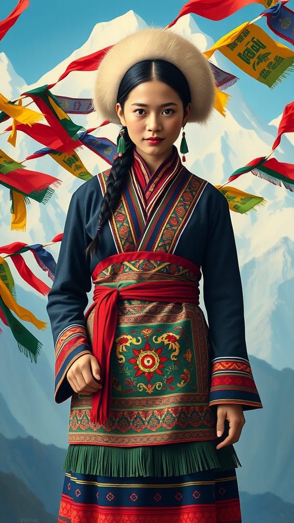 Tibetan Woman with Prayer Flags, Contemporary Art
