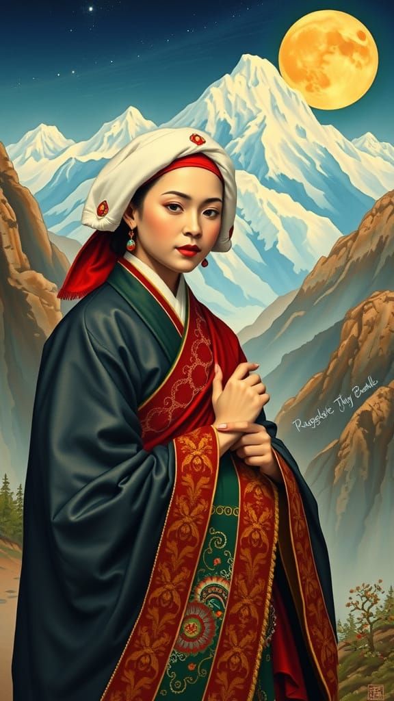 Tibetan Nun in Traditional Thangka Painting Style