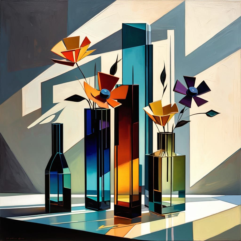 Vibrant Cubist Vases in Warm Light