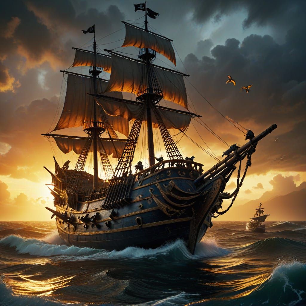 Pirate Ship with Parrots in Cinematic Photography Style
